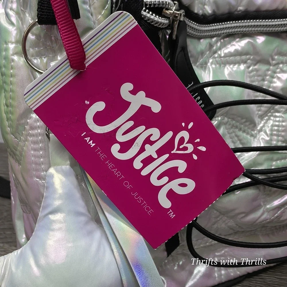 Justice Iridescent White Puffy Star Backpack with Lunch Box and Charm 17in
